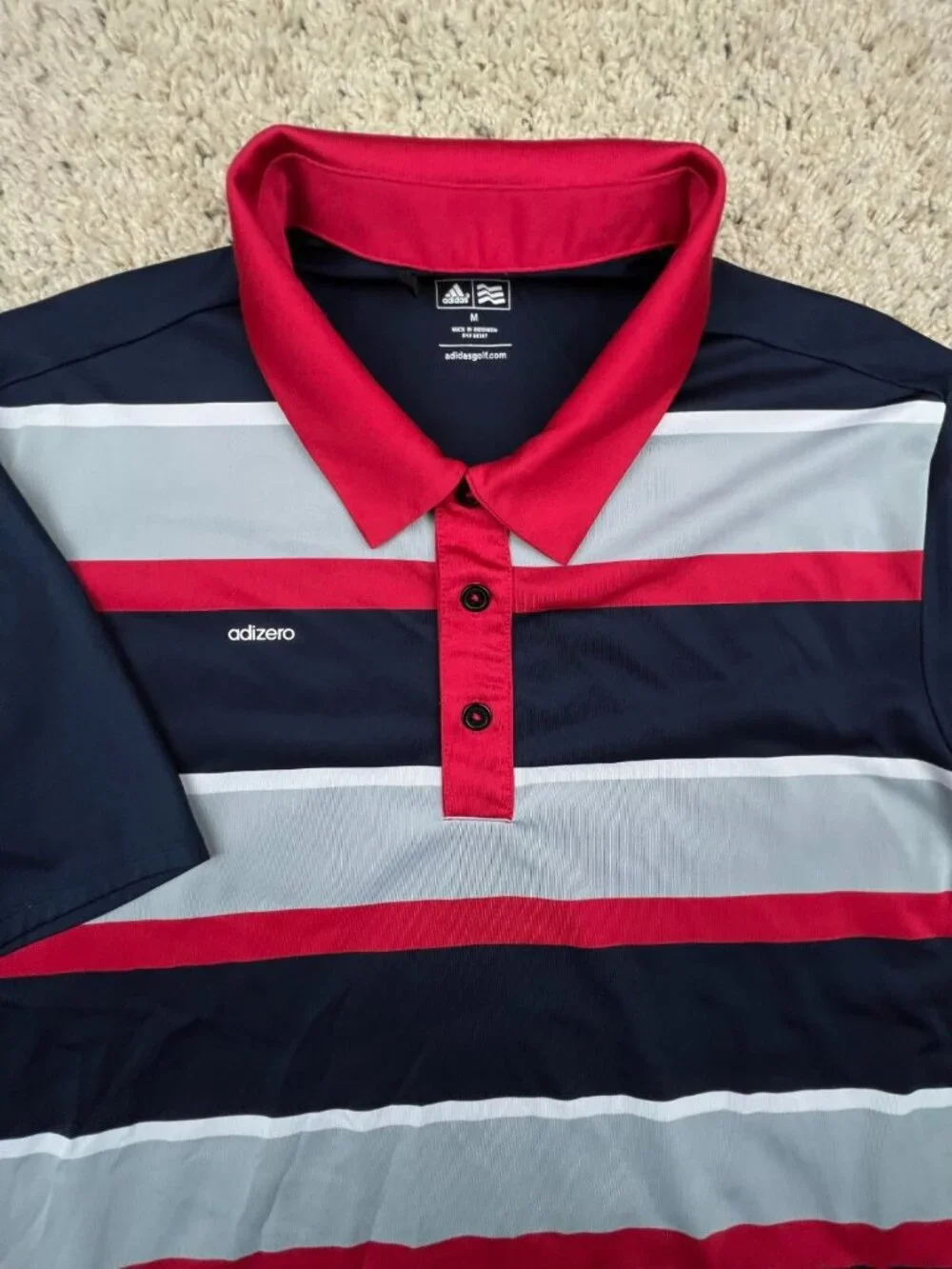 Adidas Polo Shirt Mens Medium Red Gray Blue Adizero Golf Golfing Casual Adult